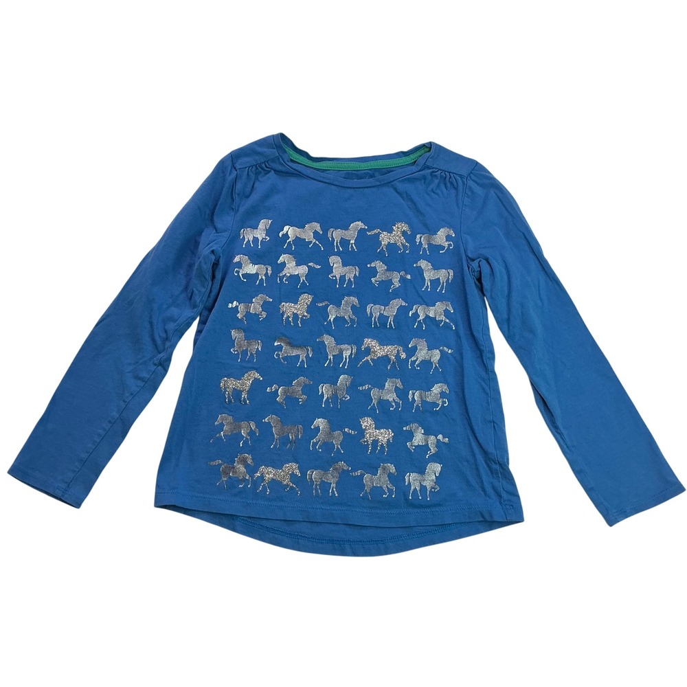 Lands' End Blue Horse Graphic Tee Kids Size M 5-6 Silver Glitter Long Sleeve